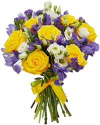 bouquet of yellow roses and irises. USA